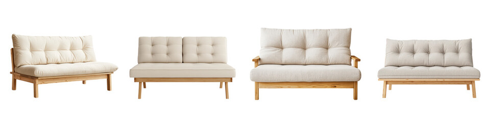 Fototapeta premium Minimalist and comfortable wooden couches arranged in a tasteful modern living room design with a serene and inviting atmosphere The natural wood tones and neutral upholstery create a calming