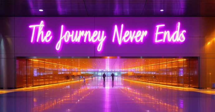 Naklejki Neon sign journey never ends glowing purple golden orange floating futuristic airport softly illuminating sleek glass terminals