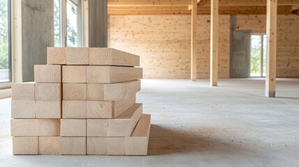 Obraz premium Sustainable Lumber Stack for Eco-Friendly Construction - Sustainable building, eco-friendly materials, wood construction, renewable resources, energy efficiency