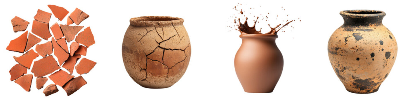 Closeup view of scattered broken fragments and shards of old weathered ceramic pottery pieces like vases jars or earthenware containers on a rough textured surface  Damaged