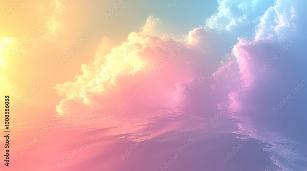 Poster serene pastel gradient sky with soft clouds reflecting on water, creating tranquil atmosphere. color