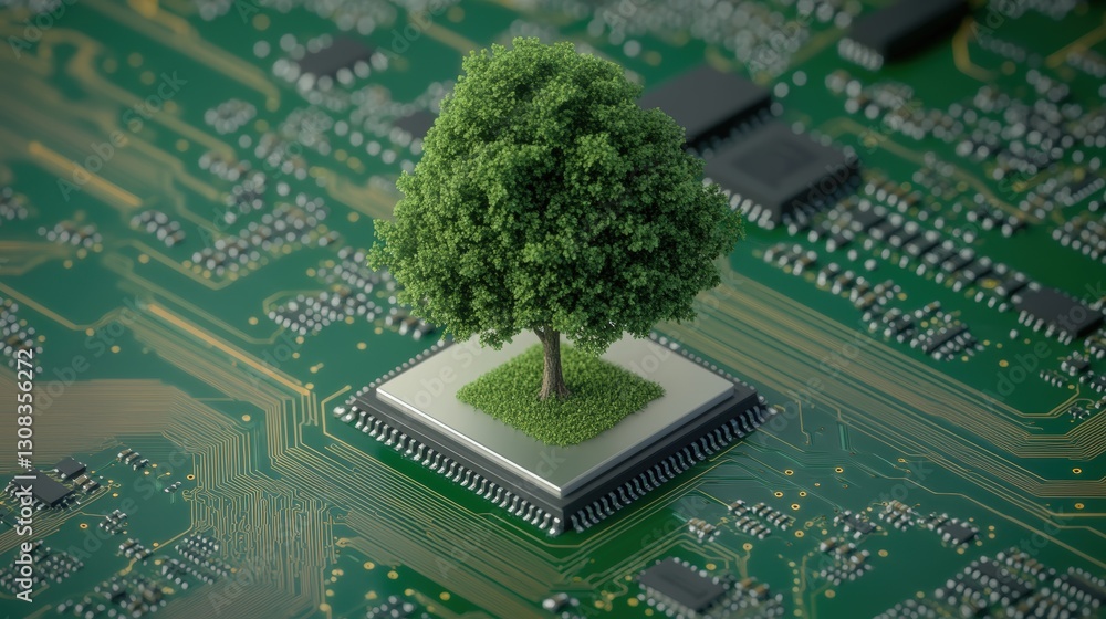 Poster futuristic representation of a tree growing on a circuit board illustrating the intersection of natu