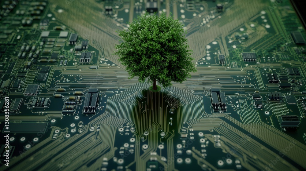 Poster futuristic representation of a tree growing on a circuit board illustrating the intersection of natu