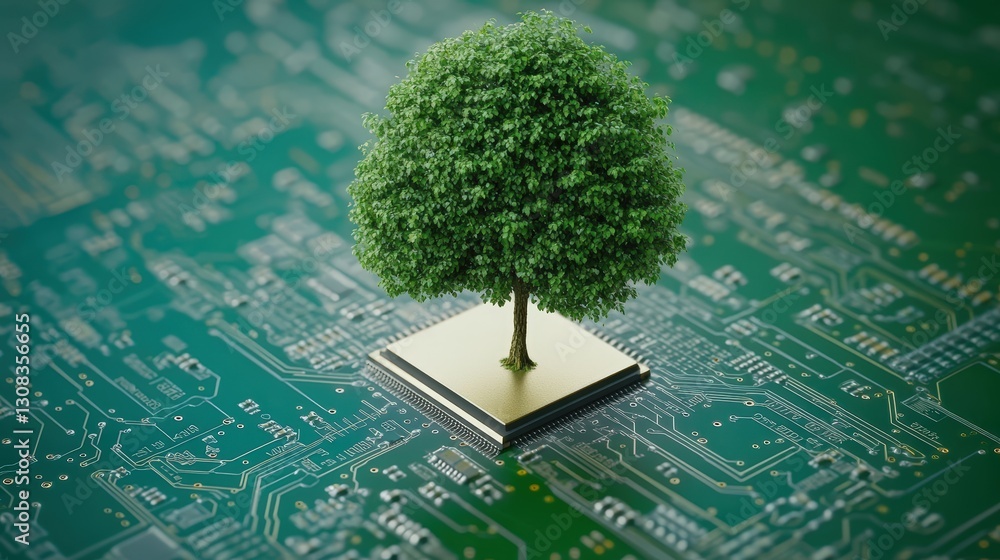 Poster futuristic representation of a tree growing on a circuit board illustrating the intersection of natu