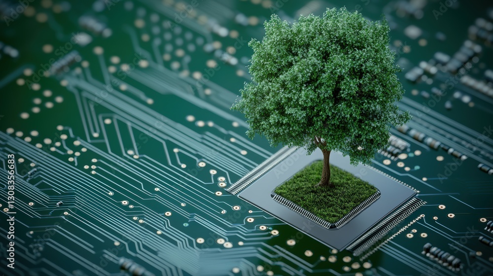 Poster futuristic representation of a tree growing on a circuit board illustrating the intersection of natu