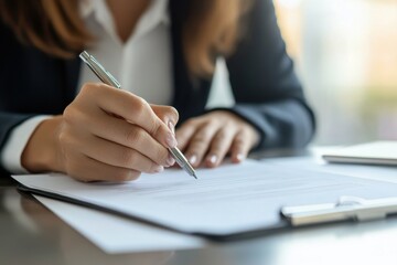 Businessperson carefully signing an important document at a desk, emphasizing professionalism. Generated AI