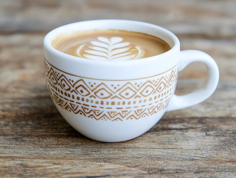 A coffee cup with a hand-painted design, sitting on a rustic wooden table, showcasing its artisanal quality.