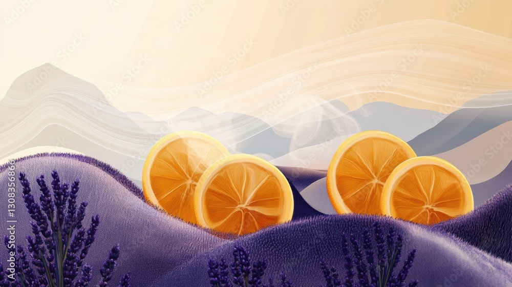 Poster Vibrant sensory experience with aromatic coffee steam and citrus slices in lush lavender fields Generative AI