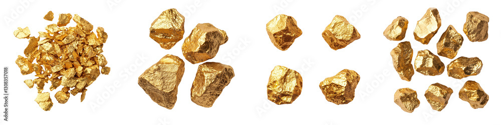 Poster golden nugget mineral specimens in various rough natural shapes and sizes displayed for geological h