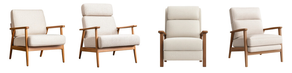 Variety of comfortable and stylish upholstered armchairs in a modern minimalist living room interior design  Wooden frames and neutral color palette create a cozy and inviting atmosphere