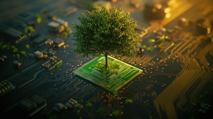Photo realistic tree growing on circuit board at the converging points of nature and technology in a futuristic setting