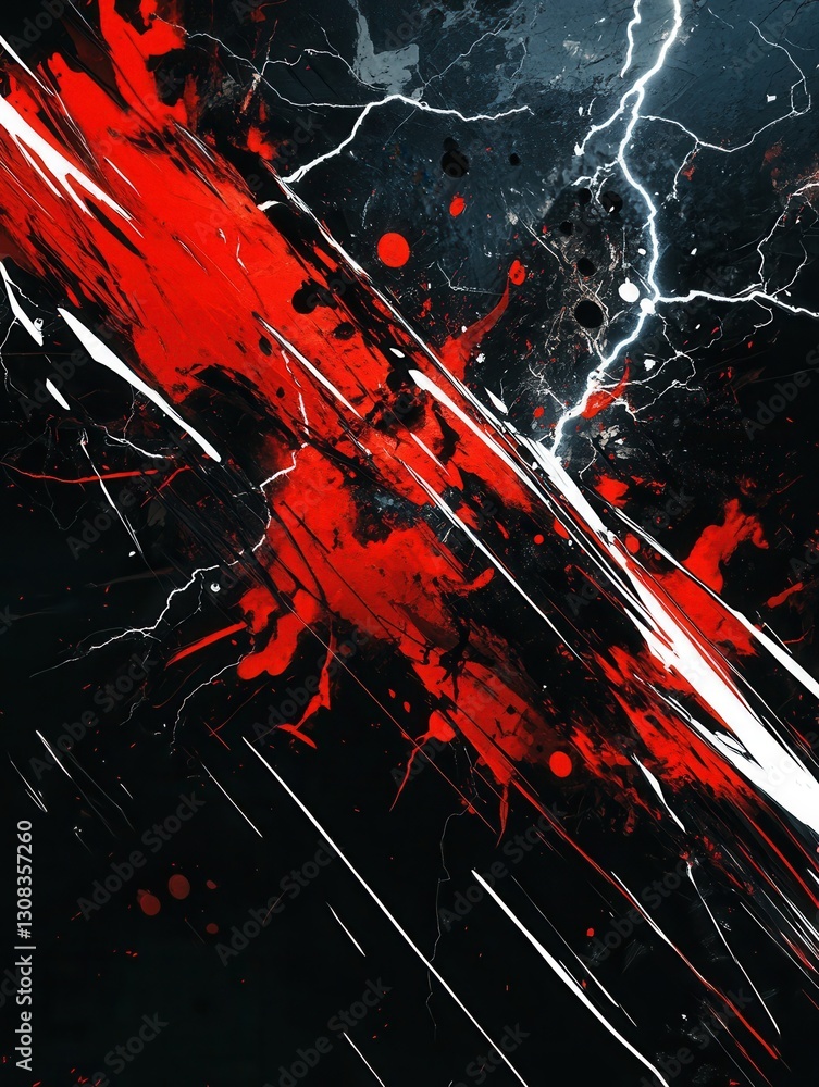Poster Dynamic display of chaos featuring sharp red and black splashes combined with striking lightning against a dark background Generative AI