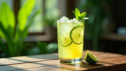 Refreshing Lime and Mint Iced Drink on Wooden Table in Sunlit Room