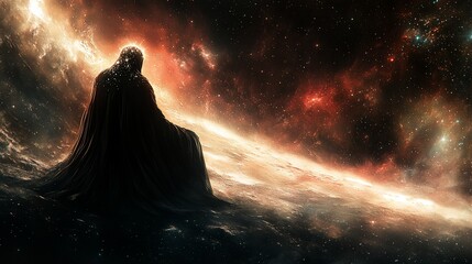 Cosmic Throne Solitary Figure in Nebula