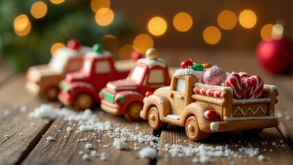 Obraz premium Festive Gingerbread Trucks Decorated with Candy Canes and Sweets on Rustic Wooden Surface