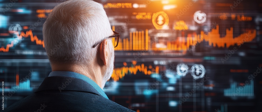 Poster man analyzing stock market charts on a computer display while gaining insights into financial trends