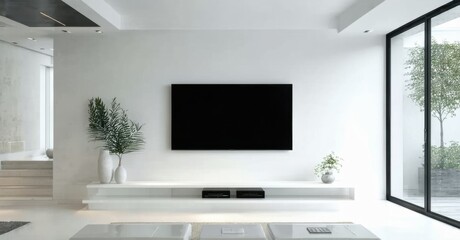 Minimalist white walled apartment wall mounted flat screen tv its black seamlessly blending sleek modern decor