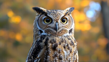 Fototapeta premium Great Horned Owl Autumn Forest Portrait