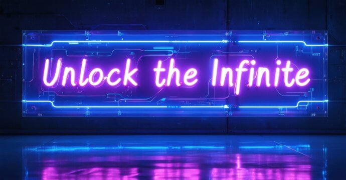 Neon sign unlock infinite sapphire bright magenta floating inside futuristic spaceship casting reflections transparent control screens