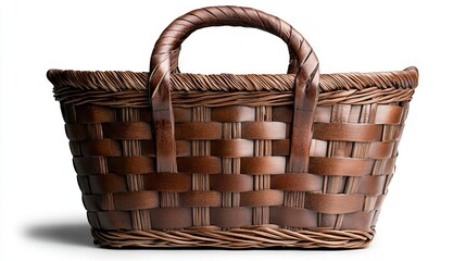 A brown basket with a handle on a white background