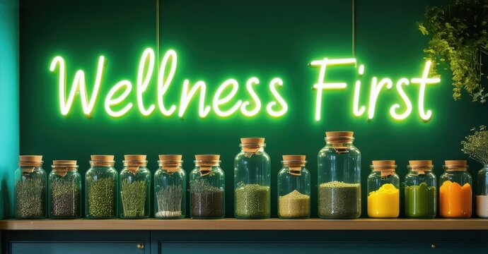 Naklejki Neon sign wellness first muted jade radiant yellow mounted health shop entrance glowing glass jars of herbal remedies superfoods