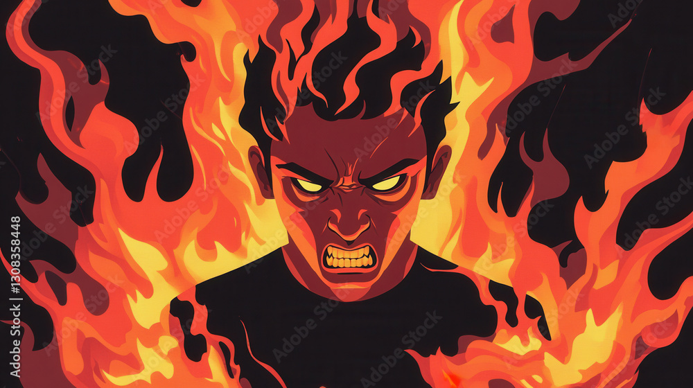 Poster angry person surrounded by flames expressing intense emotions in a bold color palette of red and bla