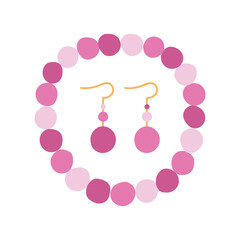 Flat vector illustration of pink beaded necklace and matching earrings on white background