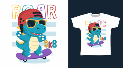 Dinosaur skateboarding hand drawn, ready for print on t-shirt and other uses.