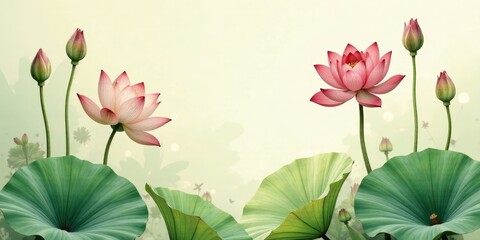 Fototapeta premium Serene Water Lily Blossom Display Delicate Pink Petals, Lush Green Leaves, and Emerging Buds in a Misty Setting