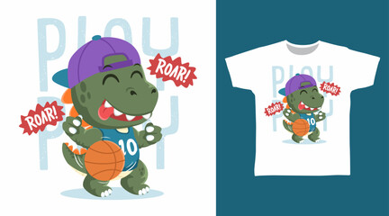 Dinosaur play basketball hand drawn, ready for print on t-shirt and other uses.