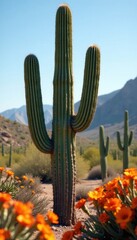 Giant saguaro cactus, vibrant orange blooms, arid landscape, cholla, blue sky