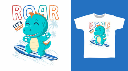Cool dinosaur play surfing hand drawn, ready for print on t-shirt and other uses. © Clushy