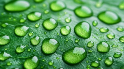 Dewdrops on Green Leaf - Close-up of water droplets on a lush green leaf, showcasing nature's beauty and freshness