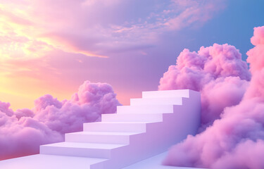 Abstract background with white stairs in the sky, pastel colors, pink and purple clouds