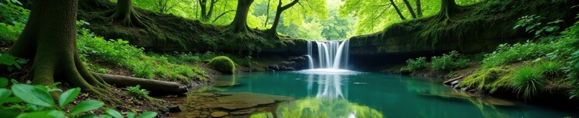 Peaceful forest glade with a small pond and waterfall, calm, waterfall, nature