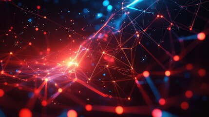 Abstract network connection, glowing red and blue nodes. Illustrates digital connectivity, data flow, or network infrastructure.