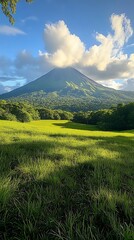 Fototapeta premium Lush valley, volcano view, golden hour, tranquil