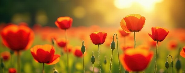 Fototapeta premium Vibrant red poppies bathed in sunlight, gentle breeze , daytime, flora