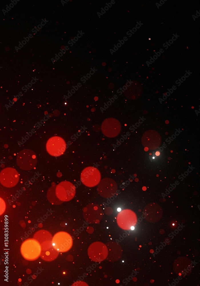 Poster a dark background highlights the dispersion of red and white particles with a luminescent glow, crea