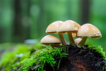 Fototapeta premium Wild Mushrooms Cluster on Mossy Log - A cluster of delicate mushrooms sprout from a mossy log, symbolizing nature's resilience, hidden beauty, interconnectedness, growth, and the circle of life