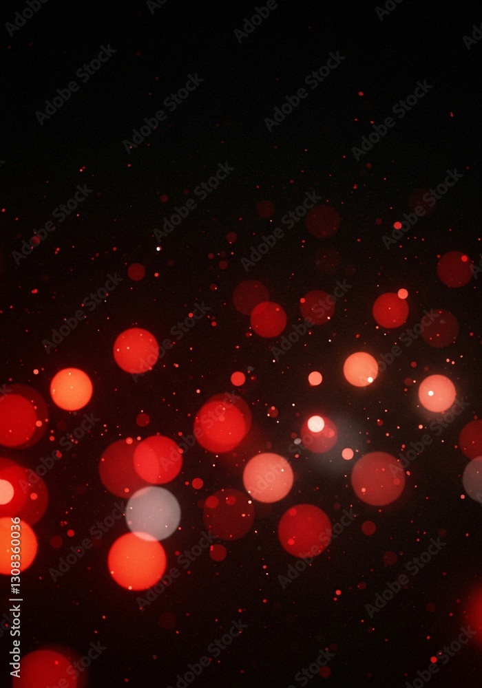 Poster red and white particles with a luminescent glow are dispersed against a dark background, creating an
