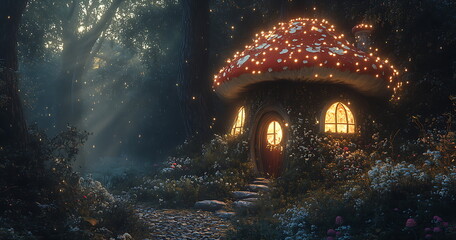 mushroom house heart enchanted forest ai generated