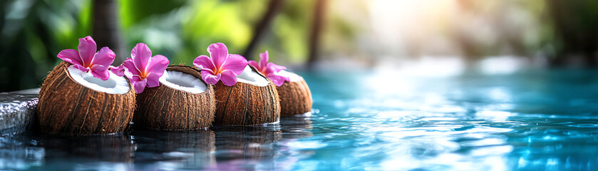 Coconuts with flowers float in a tranquil pool, embodying tropical relaxation.