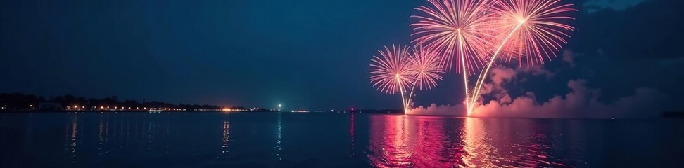 Glimmering white fireworks illuminate calm water at night , night, calm
