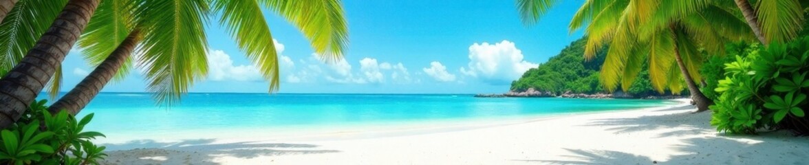 Idyllic tropical beach; palm trees, turquoise water, white sand, sky, blue water