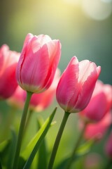 Fototapeta premium Soft petals of pink tulips gently swaying in spring breeze, Spring flowers, Sunshine