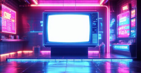 Obraz premium Retro futuristic setting glowing blank screen floating tv positioned inside neon drenched cyber caf holographic menus