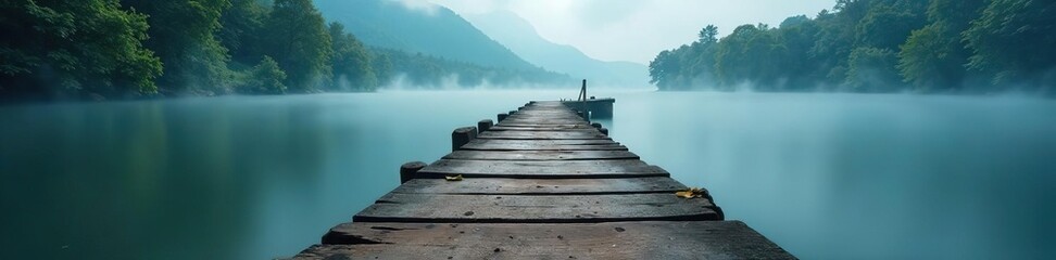 Fototapeta premium Misty river, aged wooden pier, stone base Long exposure , fog, calmness