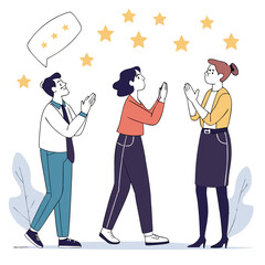 Fototapeta premium Business Discussion. Vector cartoon illustration in a flat style of a group of diverse people leading a discussion at a table near a whiteboard with charts and graphs.