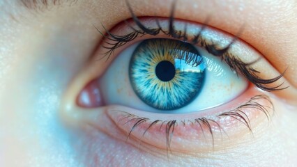 Close-up view of a human eye, showcasing intricate details of the iris, pupil, and eyelashes. The image highlights the beauty and complexity of the ocular structure.
